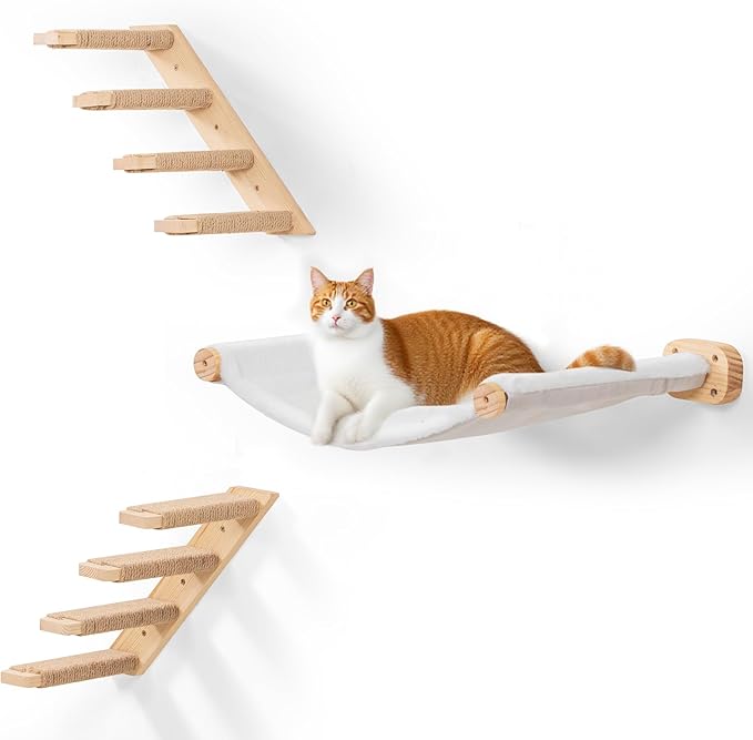 Cat Scraching Post Wall Shelves Set of 3 –1 Floating Fabric Hammock, 2 Cat Wall Ladders with 4 Steps EachWall Mounted Bed Furniture & Climber for Large Cats, Indoor Wall Playground