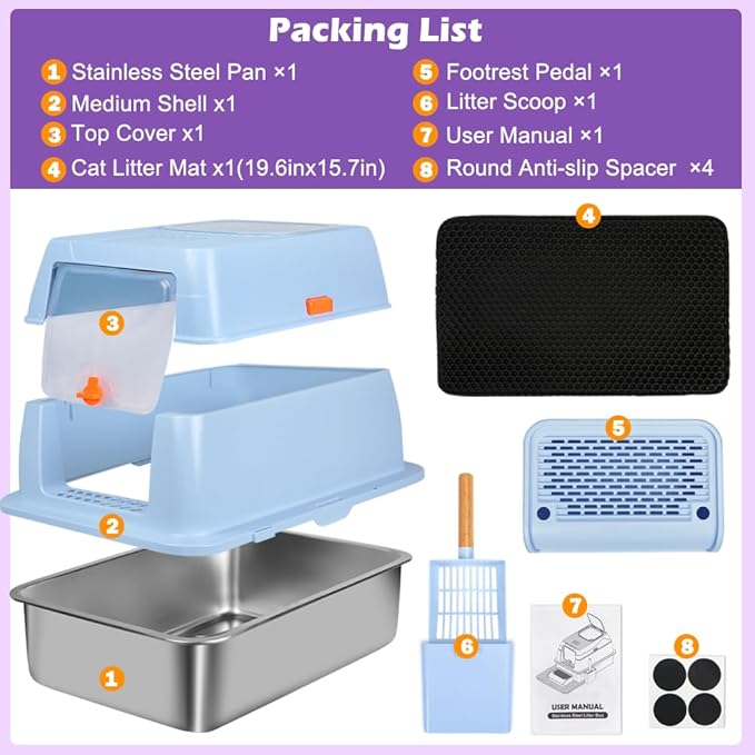 XL Stainless Steel Litter Box, Easy-Clean with Top Exit Design, Odor Control Litter Box with Fully Enclosed Design & Activated Charcoal Space, Trapping Box & Scoop Included (Blue)