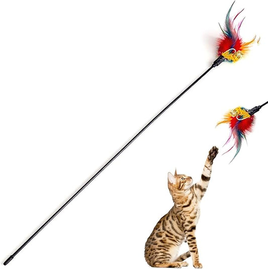 Cat Feather Toys, Cat Toy with Elastic Turkey Feathers, Interactive Teaser Wand with Bell, Durable Flexible Rod for Playful Kittens and Cats, Indoor Entertainment for Pets (2")