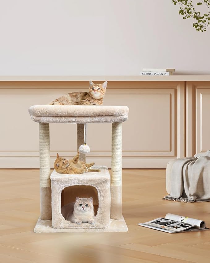 SYANDLVY 27" Cat Tree for Indoor Cats, Activity Tower with Scratching Posts, Modern Kitten Condo with Plush Perch & Hanging Ball for Play, Beige
