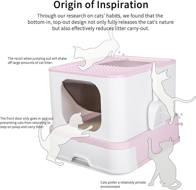 RIZZARI Stainless Steel Cat Box: Enclosed Design with High Walls - Pink - Large Litter Pan for Odor Control Indoors