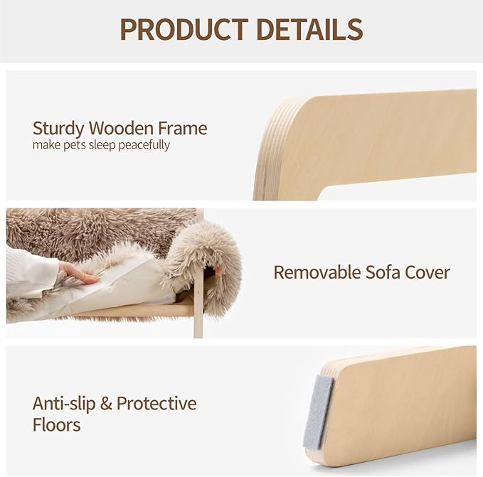 MEWOOFUN Cat Couch Bed, Pet Sofa for Indoor Cats Wooden Indoor Elevated Cat Beds with Removable Mattress Cover Suitable for Kitty, Puppy or Small Animal (Brown, Medium)