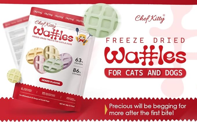 Freeze Dried Chicken Cat & Dog Waffle Treats - Made with Human Grade Chicken Breast & Liver - 5 Natural Flavors - Healthy, Tasty, Dry Food for Indoor Cats, Dogs - Inspected & Tested in USA