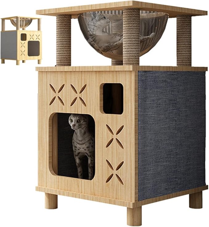 Solid Wood Cat Scratching House,Wooden Box Pet House,Cat Tree Large Pet Shelter (Blue, wide-15.7in)