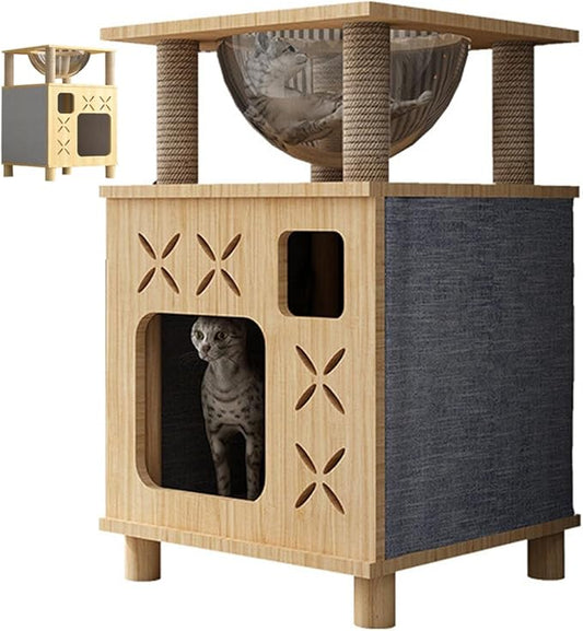 Solid Wood Cat Scratching House,Wooden Box Pet House,Cat Tree Large Pet Shelter (Blue, wide-15.7in)