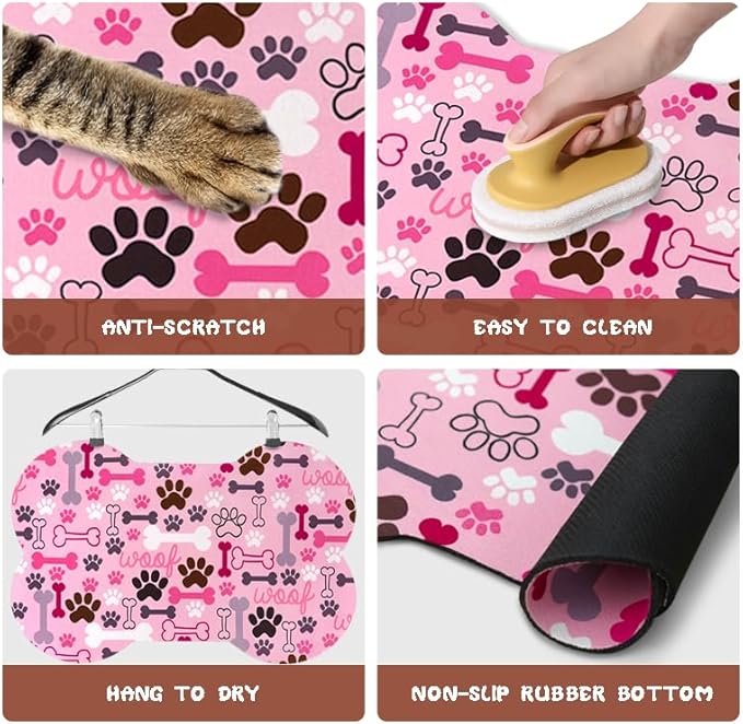 Dog Food Mats for Floors Waterproof, Pet Feeding Absorbent Water Bowl Mat Cat Placemats Pink Bone Shape 23.6 * 15.7 inch