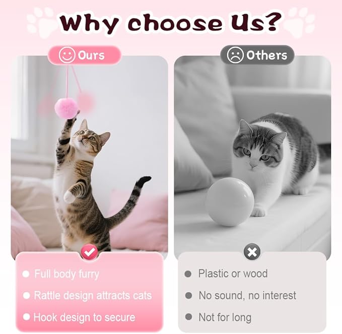 Hanging Fluffy Cat Catnip Ball Toys,2025 New Interactive Cat Toy for Indoor,Kitten Play Chase Exercise Toys,Long Tail Stretchable Soft Plush Teaser Ball with Bell (Mix Color)