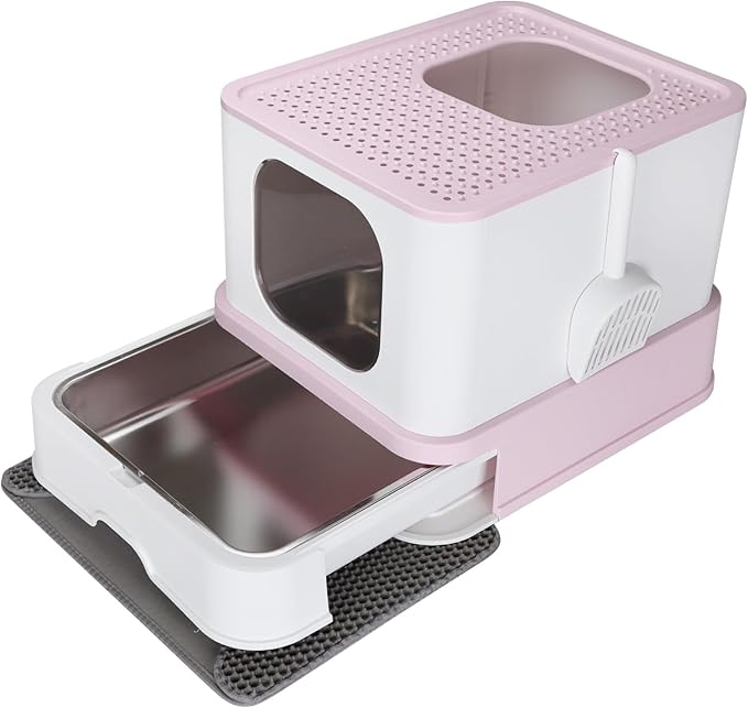 RIZZARI Stainless Steel Cat Box: Enclosed Design with High Walls - Pink - Large Litter Pan for Odor Control Indoors