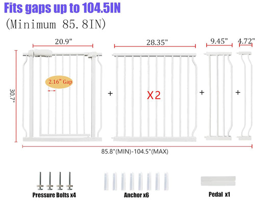 Extra Wide Baby Gate 85.8-104.5 Inch, Pressure Mounted No Drilling, for Stairs & Doorways, Metal White Indoor Safety Gate for Kids and Dogs
