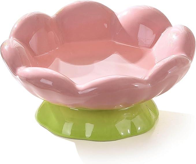 Ceramic Raised Cat Bowl, Shallow Wide, Anti-Vomiting and Whisker Fatigue, Non-Slip, Tilted Cute Flower Cat Food and Water Bowls for Indoor Cats or Small Dogs, Pink