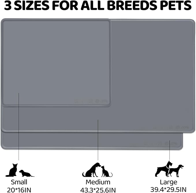 KVK Dog Water Mat 2-Pack 20×16in - Silicone Dog Mats for Food and Water, Non-Slip Pet Feeding Mat for Floors, Waterproof Cat Bowl Mats to Prevent Spills - Silver Gray & Cream