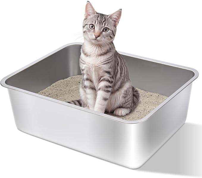 Stainless Steel Litter Box- 17.7" L x 13.77" W x 6" H Metal Cat Litter Box, Medium Cat Litterbox for Kitty or Rabbits,Non Stick, No Smell, Easy to Clean