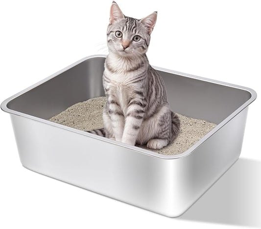 Stainless Steel Litter Box- 17.7" L x 13.77" W x 6" H Metal Cat Litter Box, Medium Cat Litterbox for Kitty or Rabbits,Non Stick, No Smell, Easy to Clean