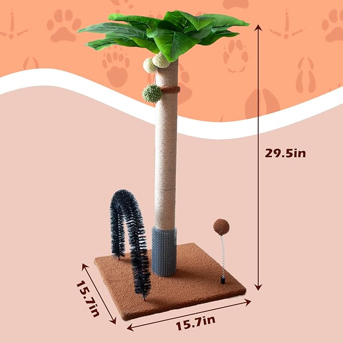 Cat Scratching Posts with Self Groomer,29.5 Inch Tall Cat Scratcher Post Sisal Heavy Duty Kitty Scratch Tree and Hanging Balls Cute Kitten Palm Tree with Arch Grooming Brush for Kitties