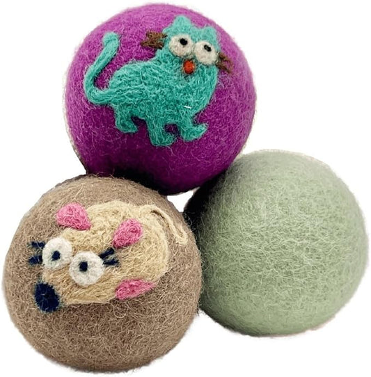 Wool Felt Balls 3 Pack Love Ewe Pet Supplies - 2 in Felted Wool Cat Toys 100% New Zealand Wools Felt Cat Toys Handmade Wools Felts Balls - Cats Felts Ball, Colorful Ball - Cats and Mouse