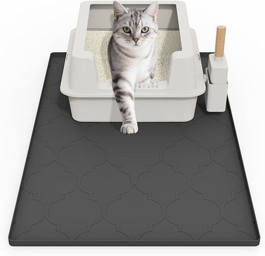 Cat Mat for Litter Box, 34" X 22" Large Silicone Cat Litter Trapping Mat, Easy Clean for Scatter Control, Soft on Kitty Paws, Waterproof, Urine-Proof, Non-Slip Kitty Litter Mat for Floor, Black