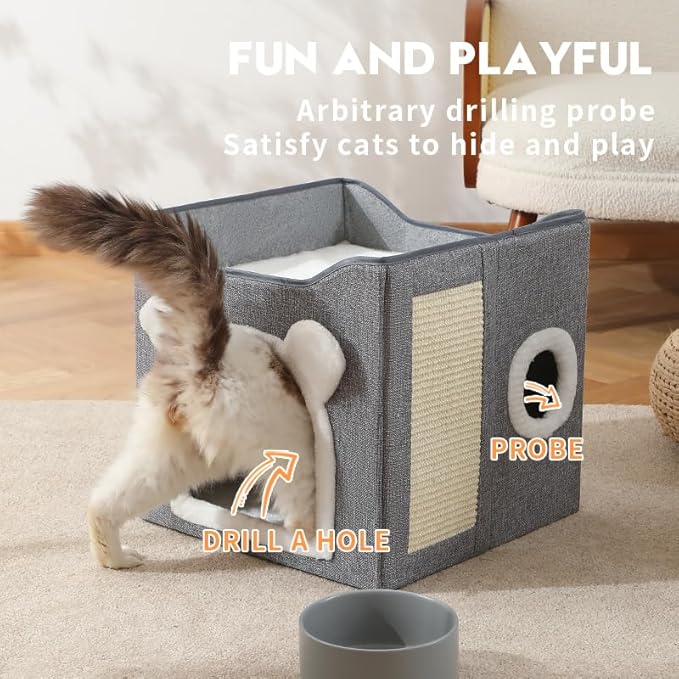 Cat Beds for Indoor Cats, Large Cat House Foldable Cat Cave with Scratch Pad and Hanging Fluffy Ball, Reversible Cushion Hideaway for Pet Cats, 16.5x16.5x13.2 inches, Multi Small Pet (Dark Grey, L)