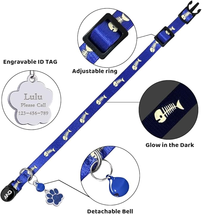 Personalized Breakaway Cat Collars Glow-in-The-Dark with ID Tag, Bell - Safety Quick - Release, Customizable for Female Male Kittens & Cats (Navy)