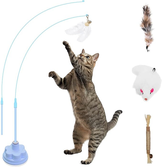 Suction Cup Cat Toys for Indoor Cats,3 in 1 Suction Cup Cat Toy,Interactive Simulation Cat Toy Set Self Play or Handheld,Feathers & Bells,Realistic Toy Mouse and Silvervine Sticks (Blue)