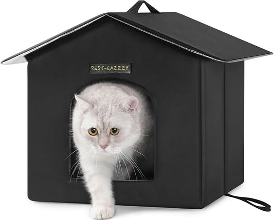 Rest-Eazzzy Cat House for Indoor and Outdoor in Summer,Feral Cat House Insulated with Mat,Clip and portable handle,Weatherproof and easy Installation,Bed for Kitten and Puppie,Never Blow Away(Black,S)