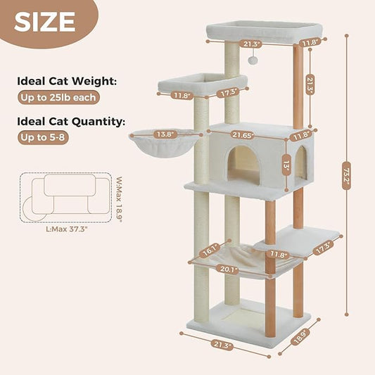 PAWZ Road Large Cat Tree, 73 Inches Tall Wooden Cat Tower with 2 Spacious Hammocks,2 Big Top Beds,8 Fully Scratching Posts and Natural Wood Posts, Multi Cat Tree for Indoor Cats Large Adult-XL