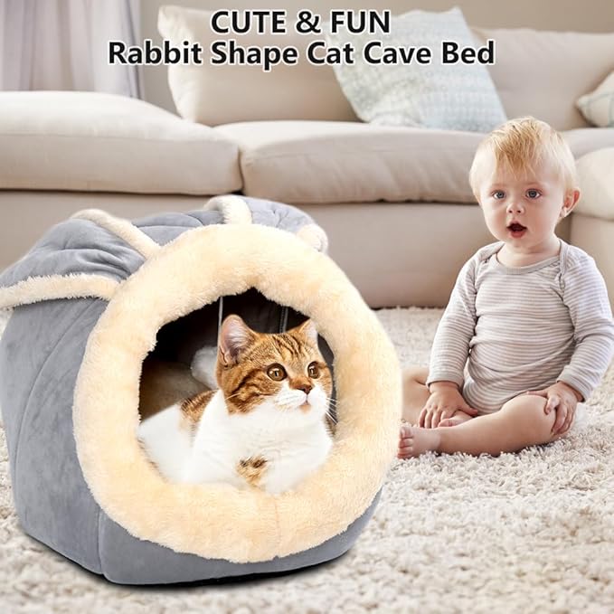 Cat Beds for Indoor Cats - Rabbit-Shaped Cat Cave Bed with Hanging Toy,Super Soft Calming Pet Bed for Kitten&Puppy,Small Dog,Warm Plush&Machine Washable&Removable Cotton Pad,Cat Hideaway(Grey L)