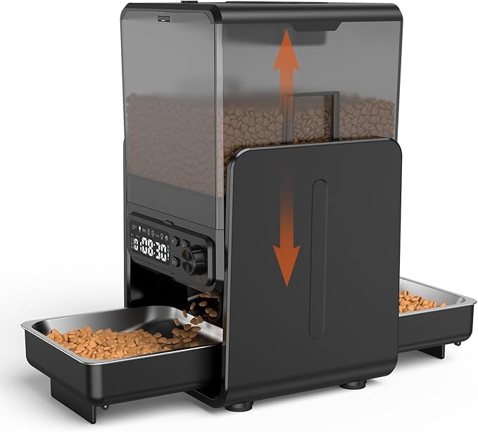 Automatic Cat Feeder for 2 Cats, 5L/20 Cups Food Dispenser with Adjustable Raised Double Bowls, Detachable Control Panel, Timed Cat and Dogs Feeder for Dry Food, Dual Power Supply