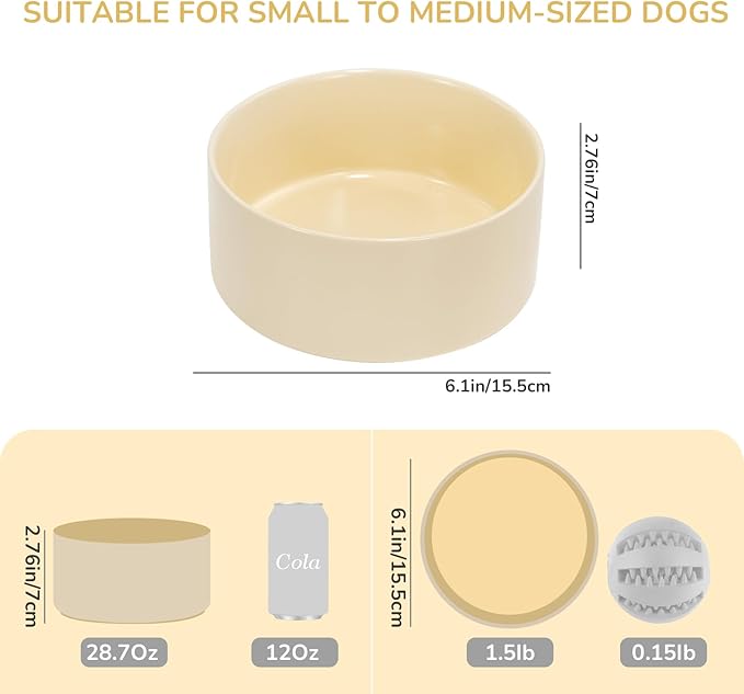SPUNKYJUNKY 28.7OZ Ceramic Dog and Cat Bowl, Modern Cute Weighted Food Water Bowl for Replacement Beige (1 Pack)