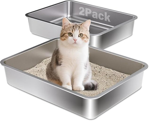 Stainless Steel Litter Box 2 Pack,Small to Medium Litter Box for Kittens 17.7" x 13.7" x 4",Easy Clean Non Stick Easy Entry No Smell Metal Litterbox for Cat Kitty/Rabbits