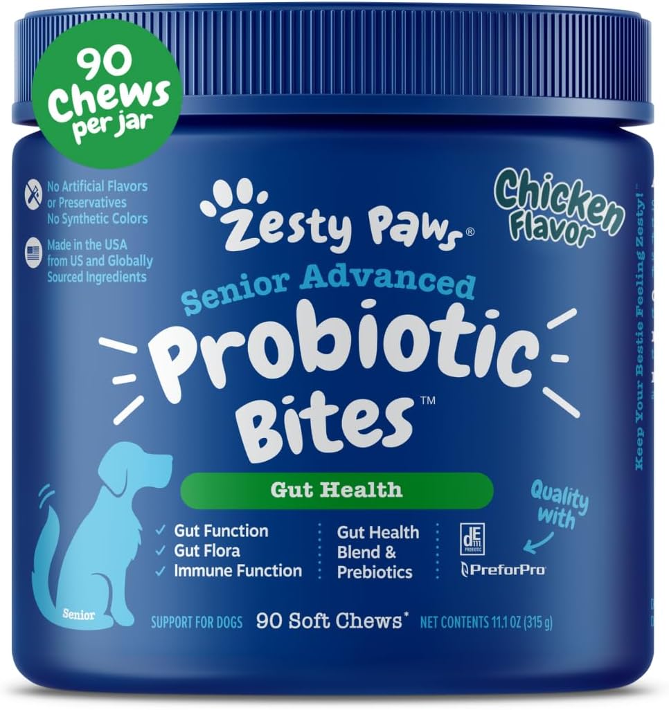 Zesty Paws Probiotics for Dogs - Digestive Enzymes for Gut Flora, Digestive Health, Diarrhea & Bowel Support - Clinically Studied DE111 - Dog Supplement Soft Chew for Pet Immune System - Adv, 90ct