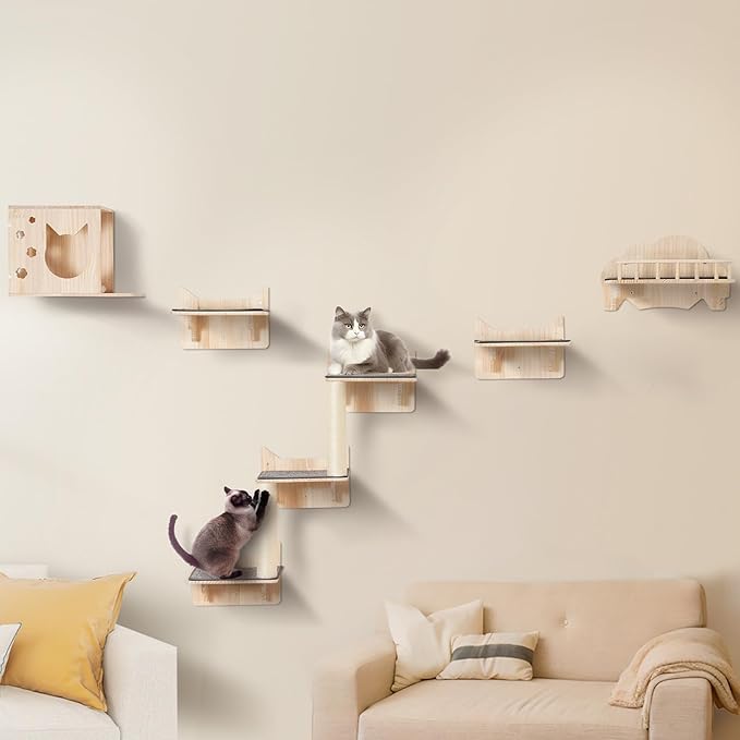 VEVOR Wall Mounted Cat Shelves, Wall Shelves and Perches with Jumping Boards, Nest, Barrier Board & Cat Tree, Cat Floating Furniture up to 40 lbs for Sleeping, Playing, Climbing, Set of 5