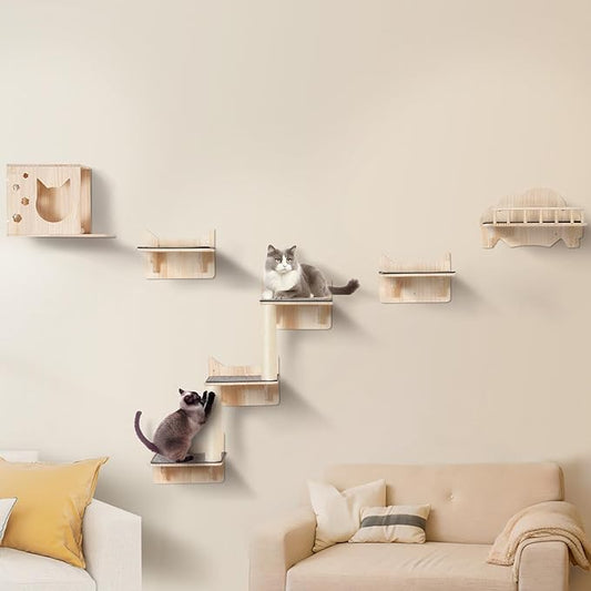 VEVOR Wall Mounted Cat Shelves, Wall Shelves and Perches with Jumping Boards, Nest, Barrier Board & Cat Tree, Cat Floating Furniture up to 40 lbs for Sleeping, Playing, Climbing, Set of 5