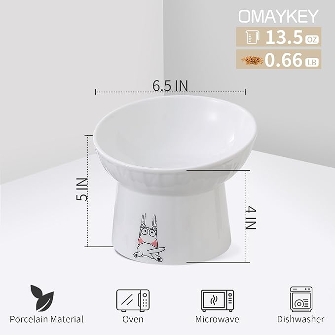 OMAYKEY 6.5 Inch Extra Wide Elevated Cat Bowls, Ceramic Raised Tilted Cat Bowl for Food and Water, Porcelain Pet Feeder Dishes for Cats & Dogs, Whisker Fatigue, White & Green