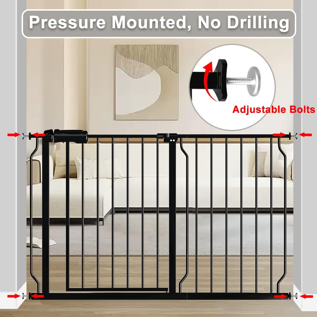 Fairy Baby Walk Through Baby Gate 43.5-48 Inch Wide, Pressure Mounted Safety Gate with Door No Drill, Black Tension Metal Gate for Dog and Toddler