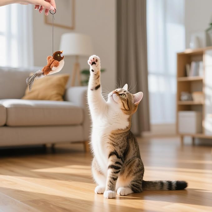 Small Flappy Bird Cat Toy, Interactive Flapping Wings（No Flying） and Chirping Bird Cat Toy, Simulated Sparrow Catnip Toy for Indoor Cats and Kittens, Rechargeable, 5.51×4.72×1.97 Inches