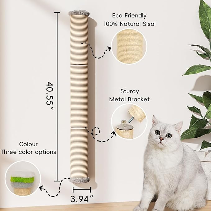 40" Wall Mounted Cat Scratcher, Sisal Scratching Post，Furniture for Indoor Cats, Tall and Sturdy Cat Climbing Pole for Large Cats