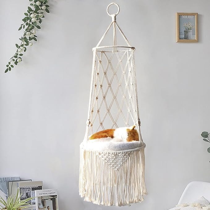 Macrame Hanging Cat Hammock Bed Handwoven Hanging Boho Cat Bed with Hanging Kit for Indoor Outdoor Home Decor Boho Cats Perch Bed for Sleeping Playing Climbing and Lounging for Cats Up to 11 lbs 01
