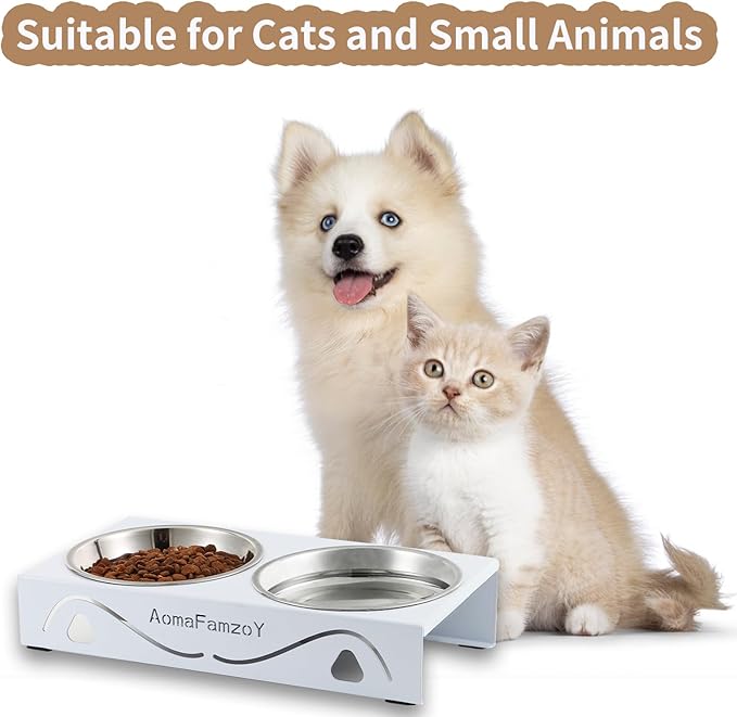2 Pack Cat Food Bowls - Indoor Set with Metal Stand,5° Tilted Anti Vomiting Wide Raised Pet Dish, Cute Elevated Cat Feeding Station for Food Water, 4 Stainless Steel Bowls for Kitten, Puppy,White