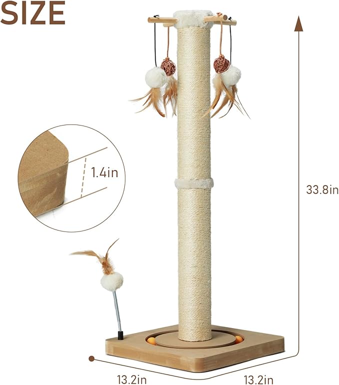 PEEKAB Cat Scratching Post 33 Inches Tall Large Sisal Scratch Posts with Track Ball Toys for Indoor Cats and Kittens,Vertical Scratcher Toy Beige