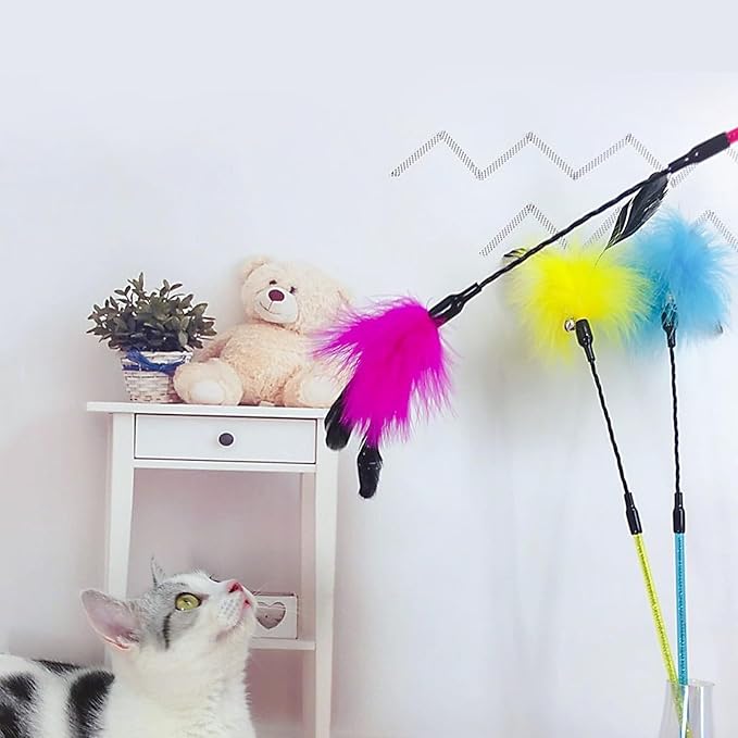 Cat Feather Wands, 3 Colors Soft Turkey Feather Teaser Wands Interactive Unbreakable Kitten Wands Fun Kitty Toy for Indoor Cats Play Exercise