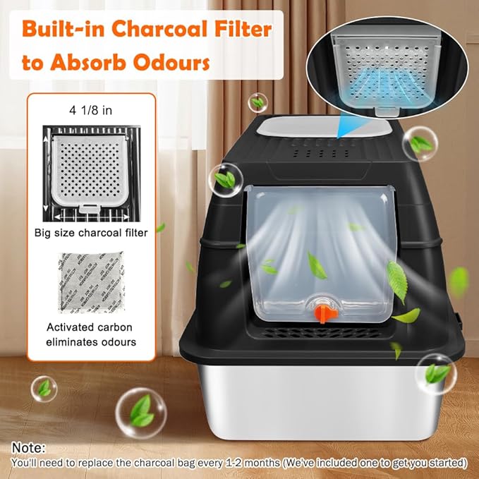 SZEE Stainless Steel Litter Box, XL Top Exit Enclosed Metal Cat Litter Box with Lid & Enclosure, Activated Charcoal Odor Control, Footboard, Trapping Mat & Scoop Included (Black)