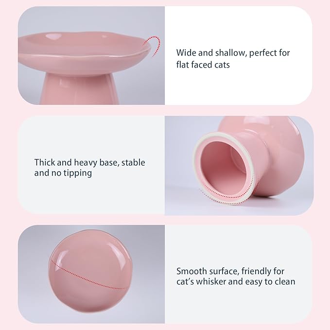 Extra Wide 6.1" Raised Cat Food Bowl, Shallow Ceramic Elevated Cat Feeder, Anti Vomiting, Stress Free, Whisker Fatigue, Pet Food or Water Bowl, Pink