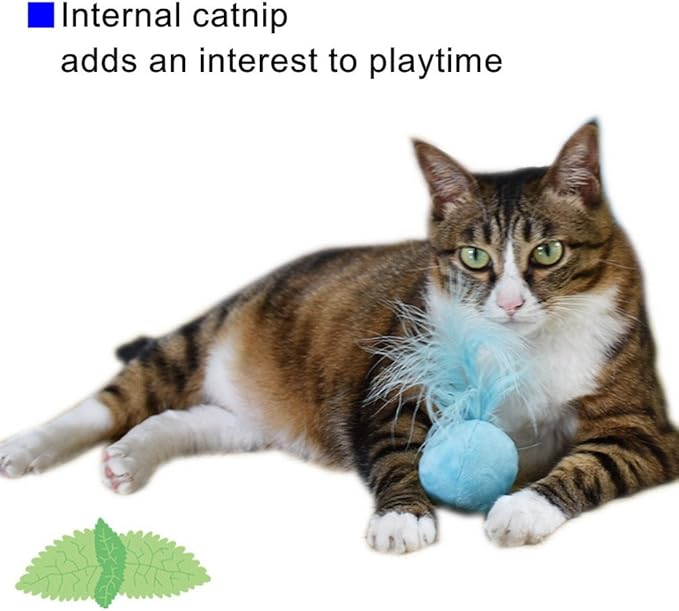 Furry Rattle Ball Cat Toy with Feather and Catnip - Interactive Pom Pom Balls for Cats, Soft and Lightweight, 2 Inch, 6 Pack.