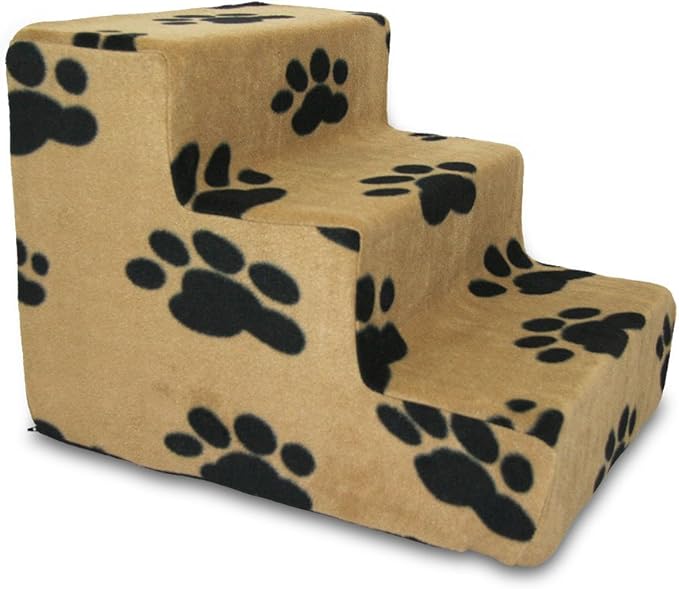 Best Pet Supplies Dog Stairs & Steps - Foam Steps for Small Dogs & Cats, Non-Slip Indoor Balanced Pet Step Support, Dog Ramp, No Assembly, Paw Print on Beige, 3-Step (13.5-inch Height)