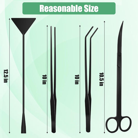 Aquarium Aquascape Tools Kit, 4 in 1 Anti-Rust Aquatic Plant Aquascaping Tool Stainless Steel Black Tweezers Scissors Spatula for Aquarium Tank Clean Fish Tank Aquascape Tools Sets (Black)