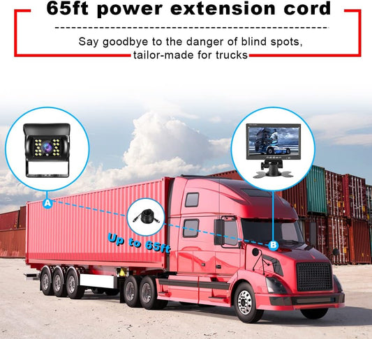 Hikity Backup Camera with Monitor Kit, Waterproof 18 IR LED Night Vision Reverse Camera + 7" Rear View Monitor Vehicle Parking System for RV Bus Trailer Truck (65ft Video Cable+ Cigarette Lighter)
