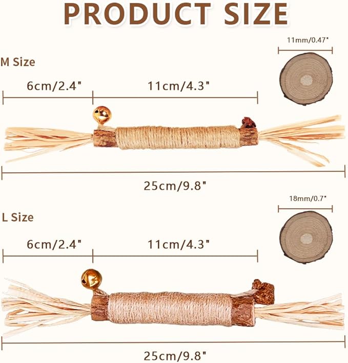 Natural Dried Matatabi Cat Chew Stick with Gall Fruit, Raffia Grass & Bell Ball Toys for Cat, Silvervine Sticks Interactive Catnip Toys for Teething & Entertainment (Size L Color I)