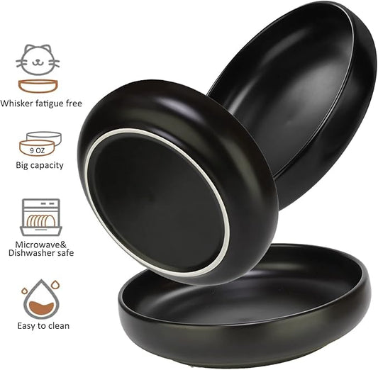 Ceramic Cat Bowls - Shallow Dishes for Food and Water, 6 Inch Matte Finish Wide Cat Food Bowl, Whisker Fatigue Free Pet Puppy Kitten Bowl Set of 3, Dishwasher Safe
