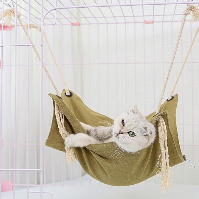 Breathable Linen Cat Hammock with Cotton Ropes in Clean Solid Colors, Minimalist Design for Cages Machine Washable (Blue)
