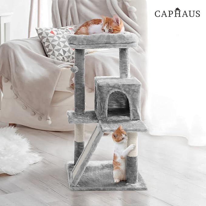 CAPHAUS Cats Kittens Tower with Large Modern Widened Perch, Cute 37-Inch Indoor Multi-Level Cat Activity Tree Scratching Posts, Small Ramp, 2-Door Cave Condo for Cats, Light Grey